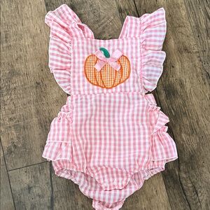 Pink Gingham Baby Romper with Pumpkin Design